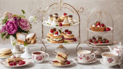 afternoon tea spread with scones, clotted cream, strawberry jam