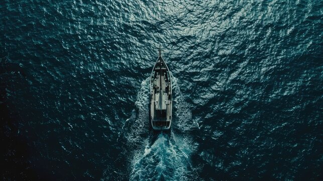 
Film Noir Cinematic Shot: Top-Down Aerial View of a Fishing Boat in the Middle of the Ocean During Daytime by Generative AI