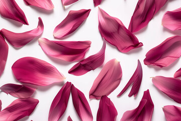 Multiple vibrant pink flower petals scattered on a white background