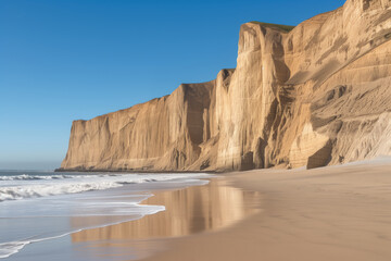Fototapeta na wymiar A beach with towering cliffs, gentle waves, and a clear sky