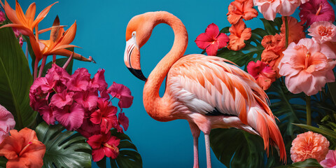 Pink flamingos on a blue background surrounded by tropical flowers and plants.
