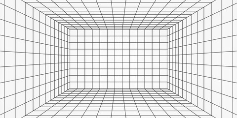 3d perspective of wireframe white room background. Empty futuristic digital rectangle laser line box interior with black mesh walls, sci fi matrix grid. Abstract virtual space render. 3D illustration