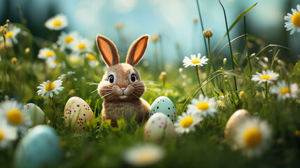 Funny bunny girl with easter eggs on a green meadow with sunlight, Generative AI - 736091316