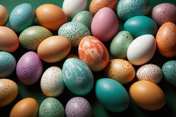 Colorful patterned eggs on a green background, Easter celebration with art and tradition.