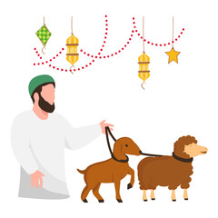 Shepherd boy with baby goat and sheep concept, Muslim Village Person grazes vector design, Eid al-Azha Eid ul Kabir Symbol, Hajj Sign, Muslims religious Festival Stock illustration