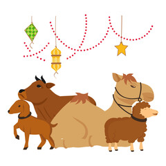 halal domestic animals sitting together outside concept, camel, goat, and sheep Sacrificial vector design, Eid al-Azha or Eid ul Kabir Symbol, Hajj Sign, Muslims religious Festival Stock illustration
