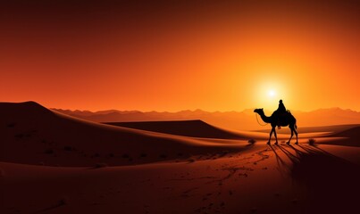 Fototapeta na wymiar A Camel Journey Across the Majestic Desert at Sunset