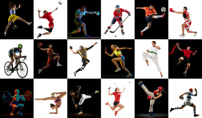 Collage made of concentrated people, men and women, athletes of different sports in motion during...
