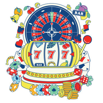 Mega casino mockup in flat 2D style including: Slot machine reel, roulette wheel, poker chips, dice, play cards, play. card symbol,  and fruit machine symbols.