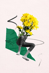 Collage image poster of unknown unusual person growing flowers instead head isolated on white...