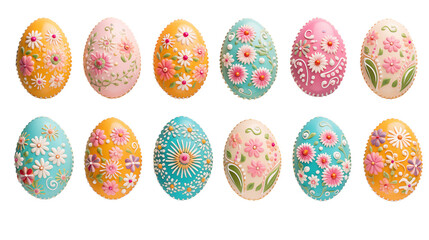 
multi-colored Easter cookies in the shape of an egg with icing and ornament isolated on a transparent background, png