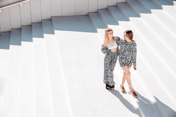 Two young beautiful smiling hipster women in trendy summer zebra print clothes. Carefree models posing in street. Positive models having fun. Cheerful and happy, at sunny day near wall.  Top view