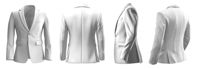 Set of white, front back side view, business collar suit blazer jacket coat on transparent background cutout, PNG file. Mockup template for artwork graphic design