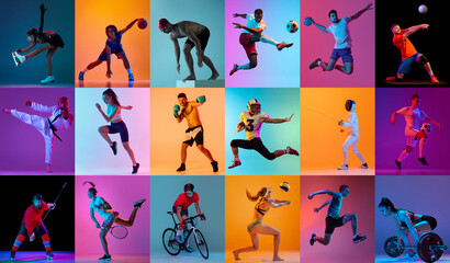 Naklejka premium Collage made of young people, men and women, athletes of different sports in motion against multicolored background in neon light. Concept of professional sport, competition, tournament, dynamics