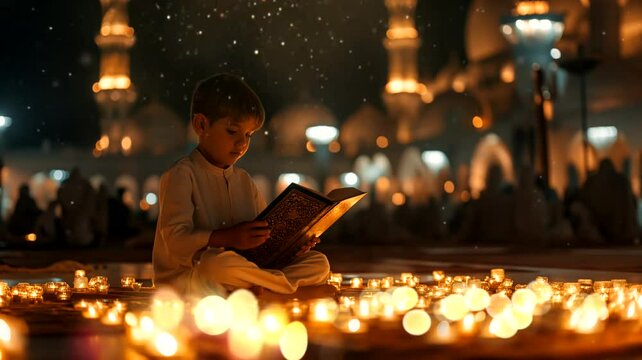 Boy with candle lights reading qur'an on mosque background. Seamless looping time-lapse 4k video animation background