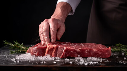 A large piece of steak on the table with salt and rosemary. A chef sprinkles salt on a beef steak. Mans hands hold a raw Tomahawk steak on a black background. Concept of cooking, recipes and food.