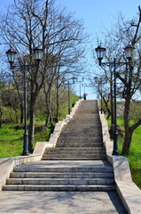 stone staircase with lanterns in a spring park