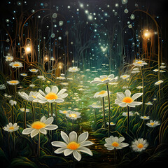 Illustration of white daisies in a meadow at night