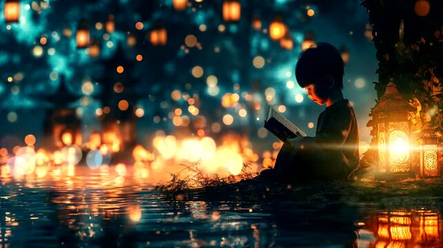 A boy reading a book on blur lights background. Seamless looping time-lapse 4k video animation background
