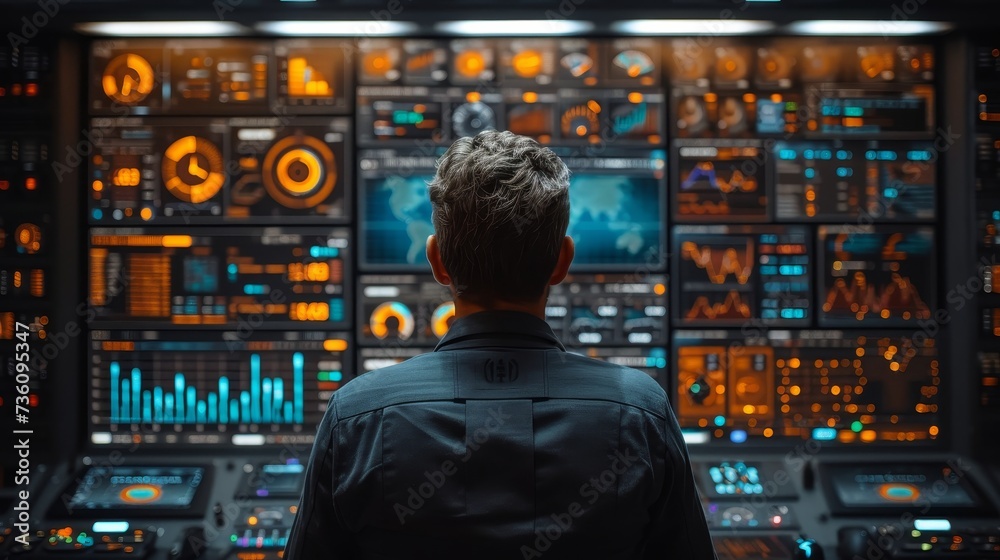 Poster Business analytics dashboard powered by big data and artificial intelligence technologies. Data scientist analyzing complex information with AI for business analytics dashboards.