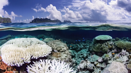 A healthy coral reef at risk of bleaching due to warming oceans from climate change and global warming - obrazy, fototapety, plakaty