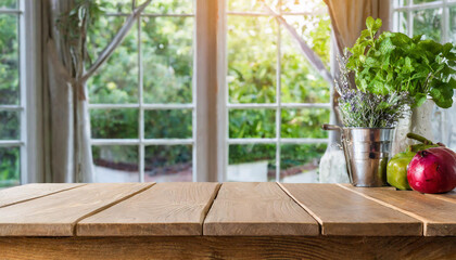 Wooden kitchen table with background of window for product display