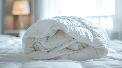 Fototapeta na wymiar Neatly Rolled White Duvet on a Clean Bed in a Bright, Contemporary Bedroom During the Daytime