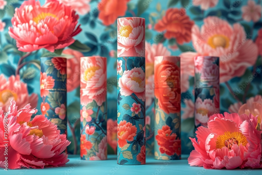Aufkleber An eye-catching display of bright pink peony blooms paired with ornately designed floral containers set in front of a complementary patterned backdrop, showcasing an artistic and colorful composition.