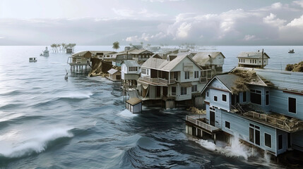 The effects of rising sea levels on coastal communities due to global warming and climate change on planet earth - obrazy, fototapety, plakaty