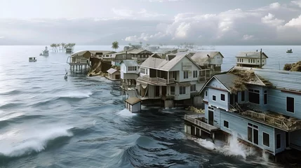 Fotobehang The effects of rising sea levels on coastal communities due to global warming and climate change on planet earth © Goodwave Studio