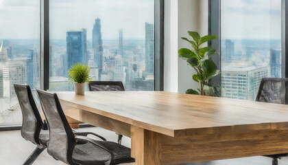 Interior of modern office meeting room 3D rendering.There are wooden and glass walls, there is a long wooden table