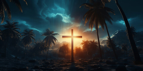  a cross sunset in the forest . - obrazy, fototapety, plakaty
