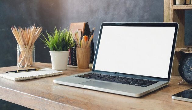 Mock up image of laptop with white screen on white table and copy space with office background.