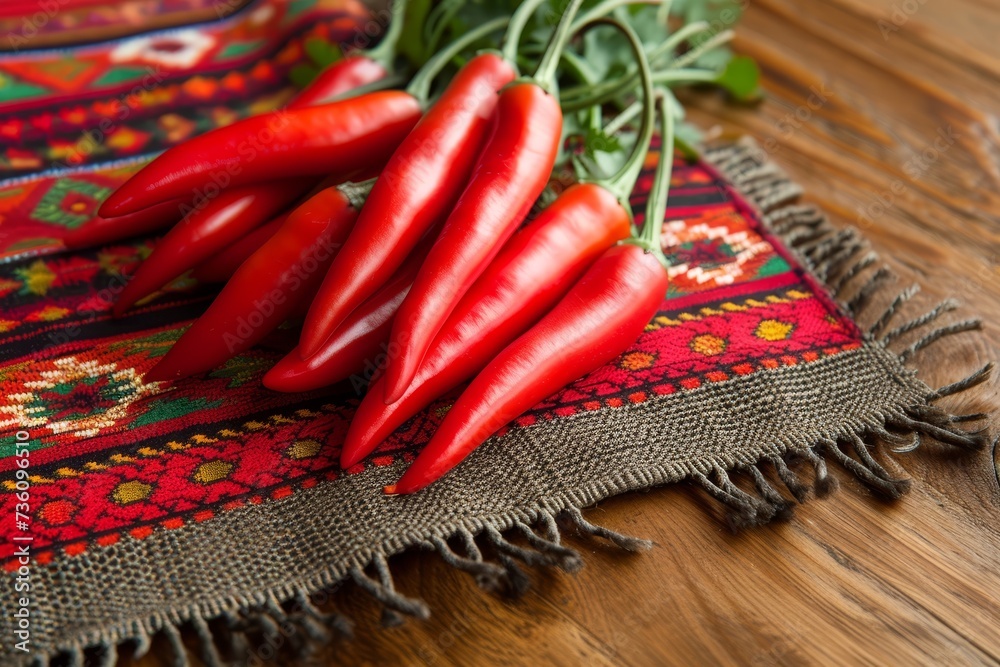 Poster a collection of vibrant red peppers arranged in a heap on a sturdy wooden table.