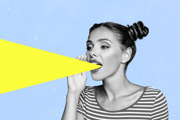 Collage picture of black white colors girl arm near mouth communicate radiate light isolated on blue background