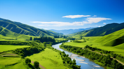 Spectacular Panorama of Verdant Hills Alongside a Serene River in Full Bloom Under a Blue Sky