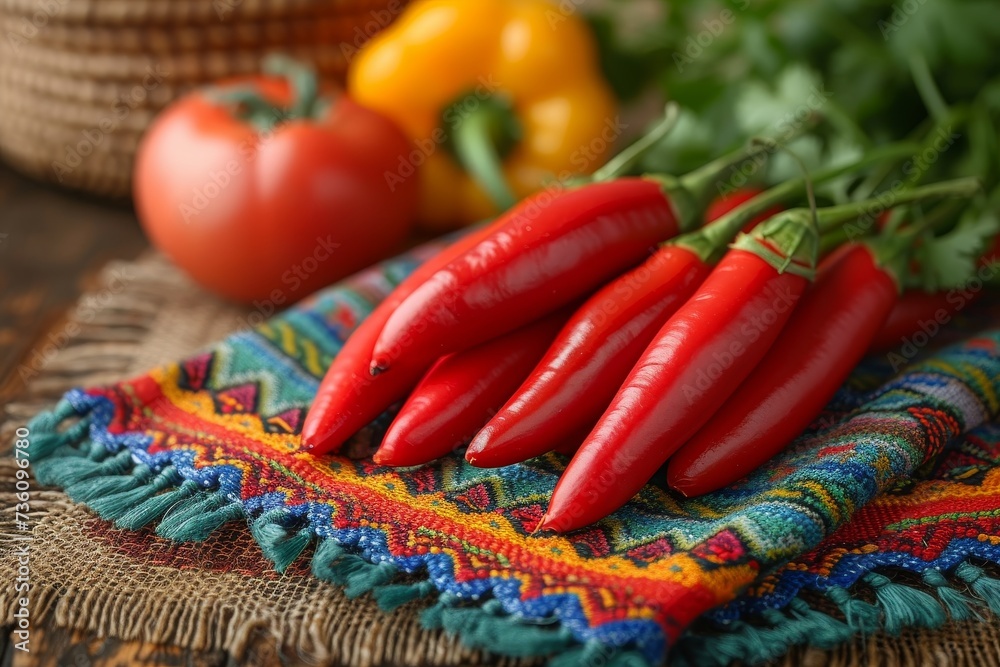 Poster a group of vibrant red peppers neatly arranged on top of a table.