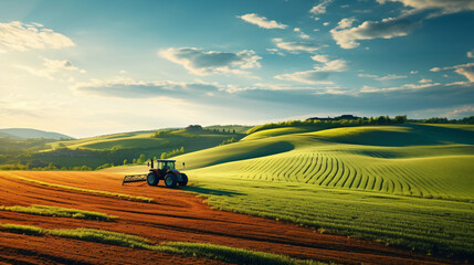 Tractor cultivating field at spring.