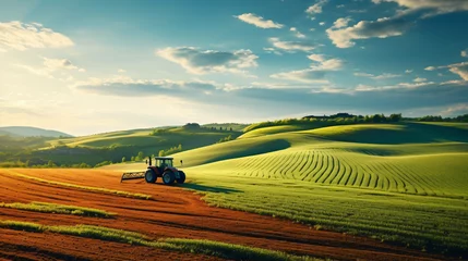 Foto op Plexiglas Tractor cultivating field at spring. © Creative