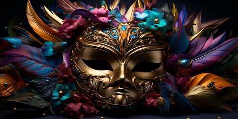 Carnival background typical mask with silver red green and blue colors .
