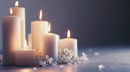 White candles on white background with a free place for text. Concept of home, spa, relaxation, meditation or festive celebration banner