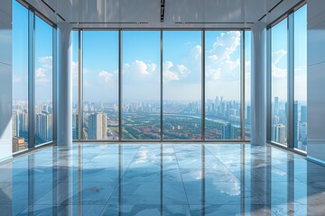 Large empty office room and city view. Generative AI