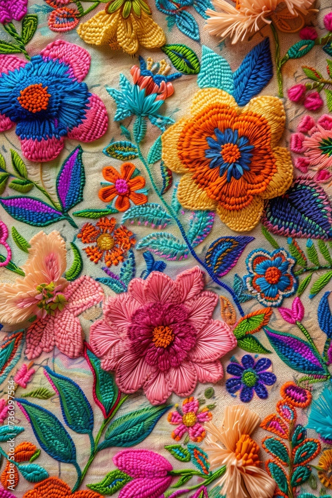 Poster colorful embroidered beautiful flowers pattern 