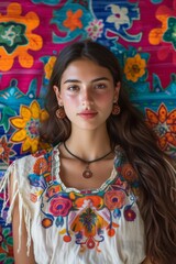 A woman with long hair stands confidently in front of a vibrant and eye-catching wall.