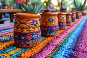 A row of vases sits neatly arranged on top of a vibrant and colorful rug.