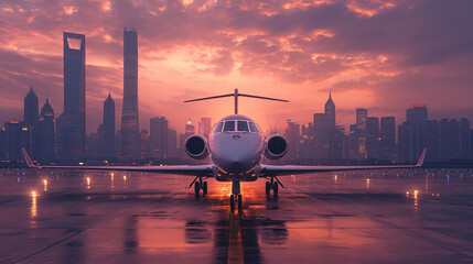 Business board against the backdrop of a colorful sky and city at sunset. Landscape with a passenger plane, horizon. Concept of private jet, business centers and business flights. - obrazy, fototapety, plakaty