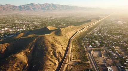 Aerial View of a Desert Town at the Mexican American Border by Generative AI - obrazy, fototapety, plakaty