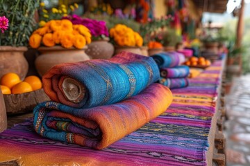 A row of colorful towels neatly arranged on top of a table.