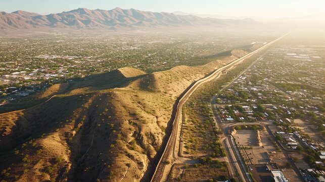 Aerial View of a Desert Town at the Mexican American Border by Generative AI