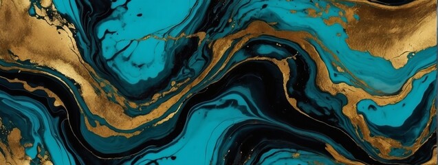 Turquoise abstract black marble background art paint pattern ink texture watercolor burnished gold fluid wall.  - obrazy, fototapety, plakaty